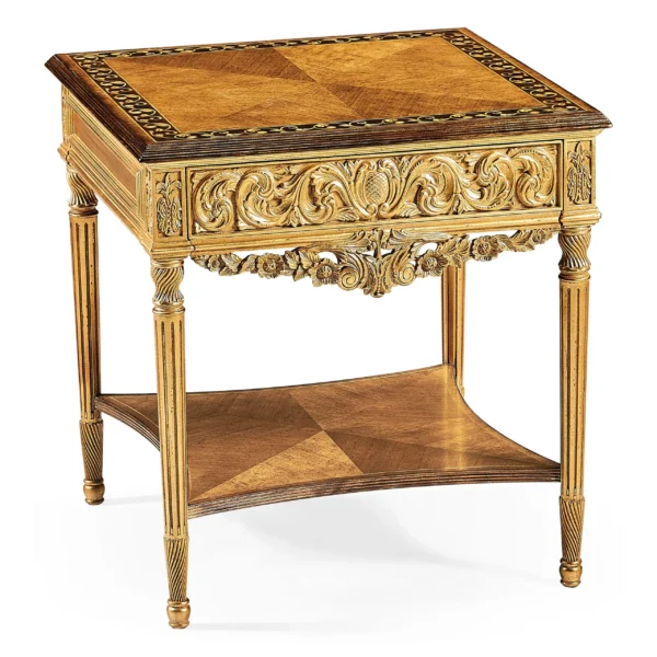 Ornate gilded side table with intricate carvings and wood inlay.