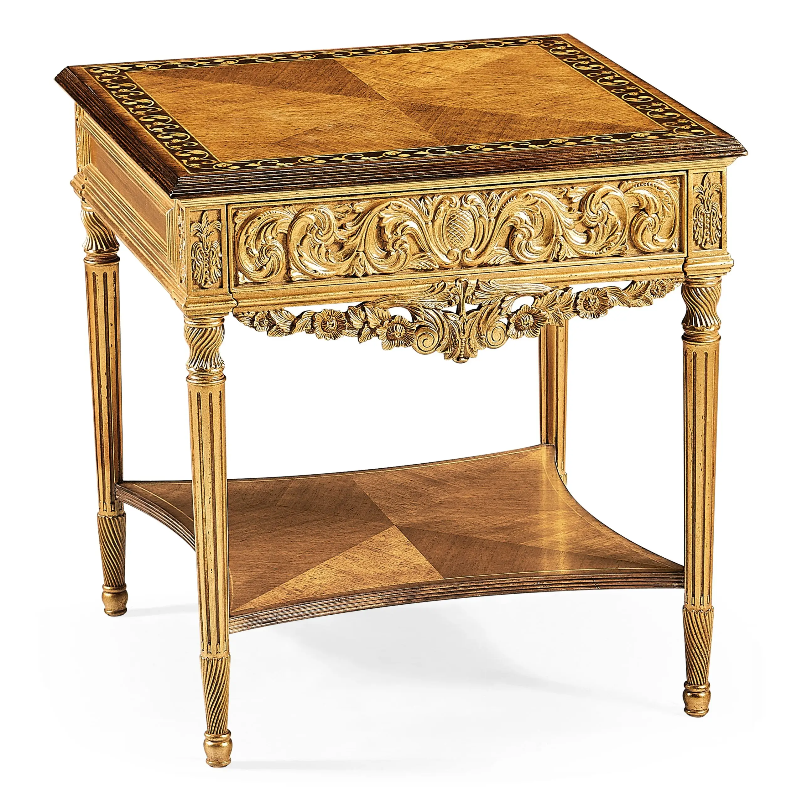 louis xiv style square side table Ornate gilded side table with intricate carvings and wood inlay.