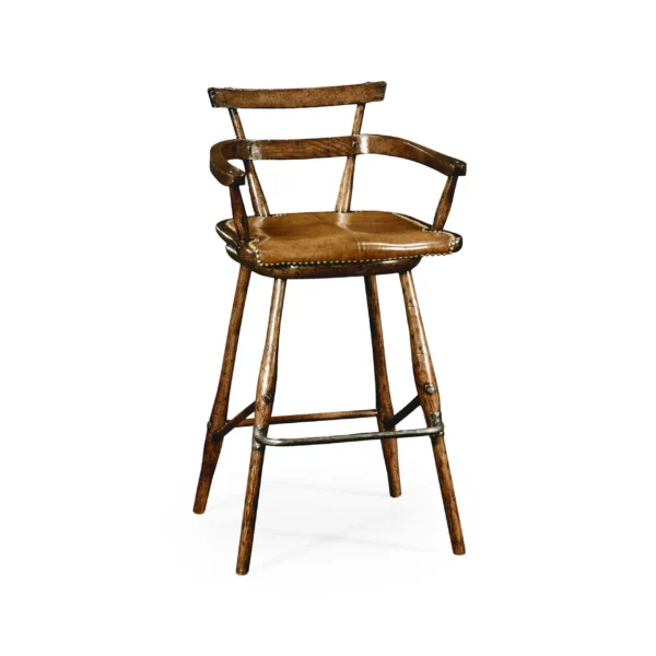 dark oak arm bar stool with a studded dark antique leather seat