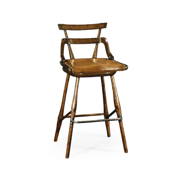 dark oak side bar stool with a studded dark antique leather seat