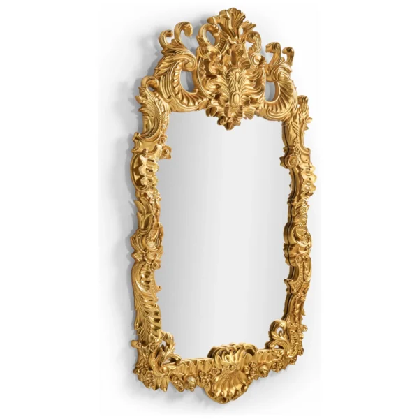 Ornate gold rococo style wall mirror on white background.