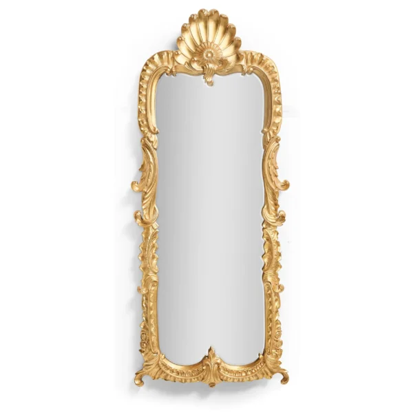 Ornate gold full-length mirror with shell-like top carving.