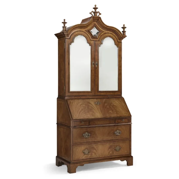 queen anne walnut bureau with chinoiserie interior & mirrored doors