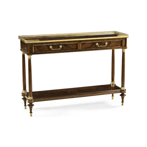 french style mahogany console with brass gallery