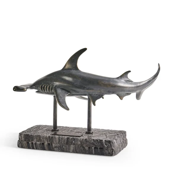 arc hammerhead shark bronze statue with marble base