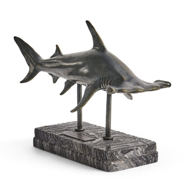 glide hammerhead shark bronze statue with marble base