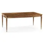 Mid-century modern walnut dining table with gold metal accents.