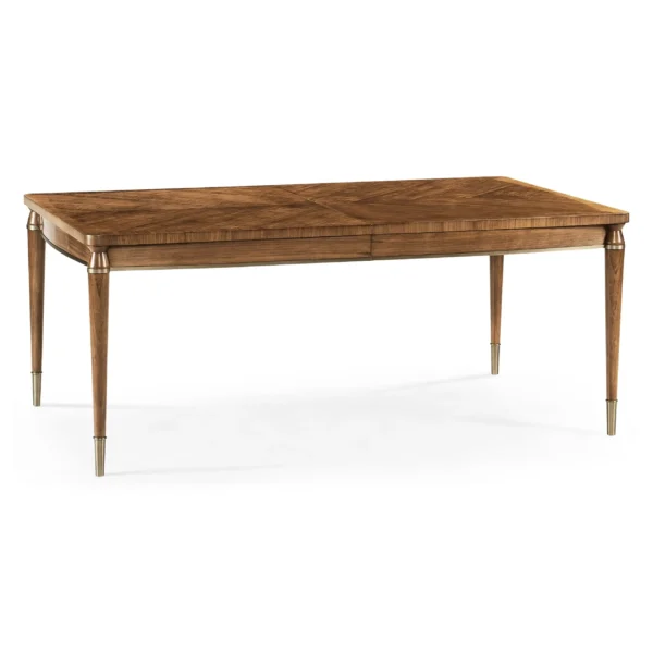 Mid-century modern walnut dining table with gold metal accents.
