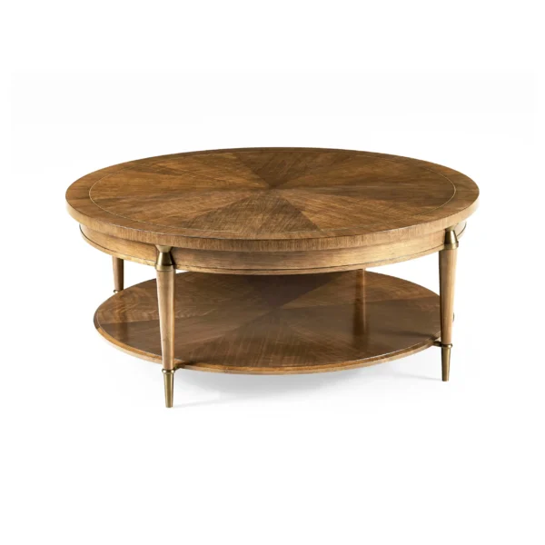 Round two-tier wooden coffee table with sunburst veneer pattern
