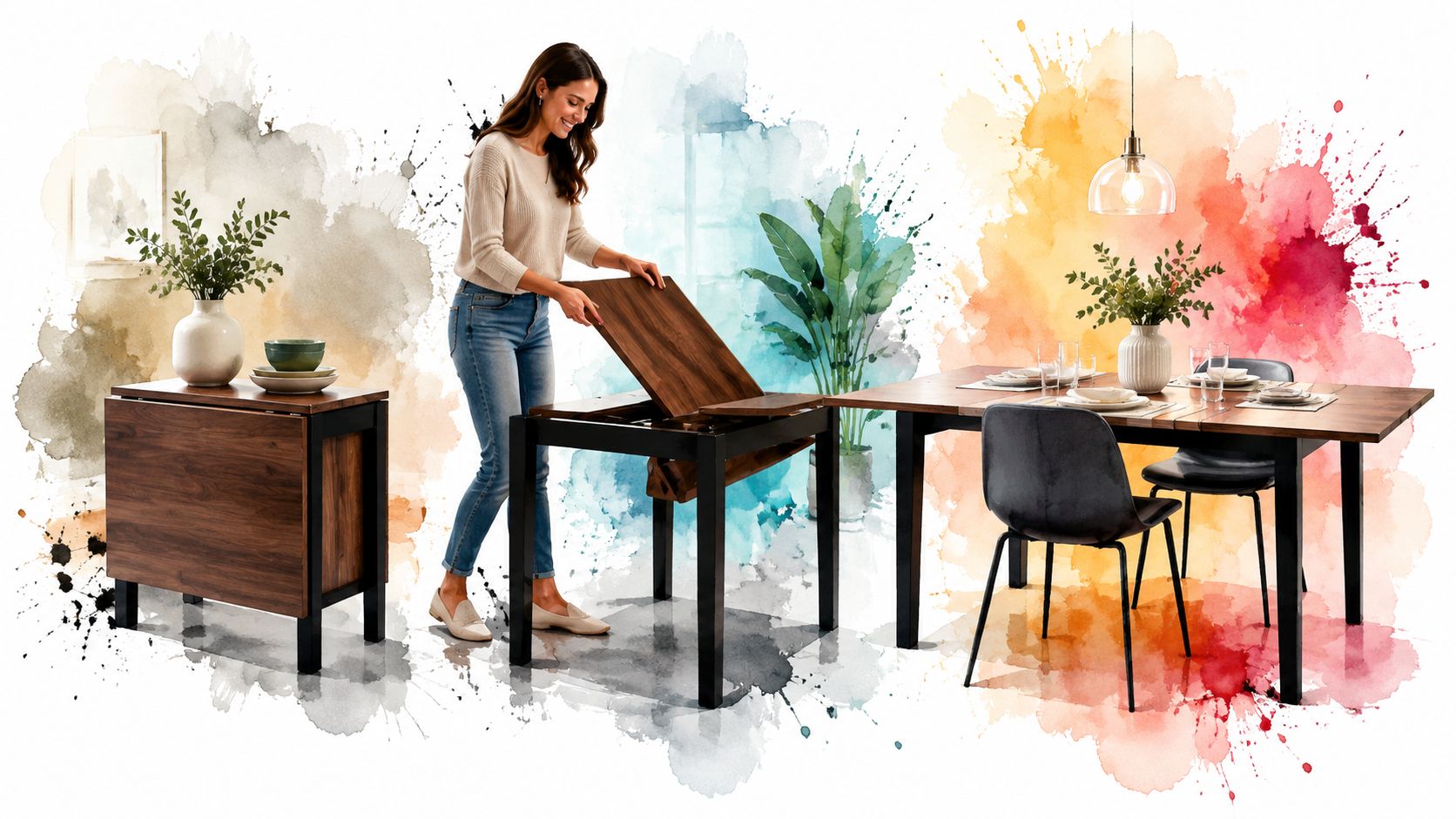 A woman transforms a versatile, space-saving wooden dining table while showcasing its expandable design for small rooms.