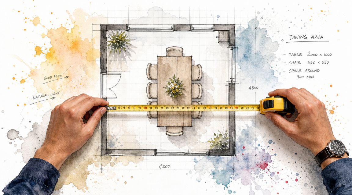 Hands using a yellow measuring tape to measure a professional floor plan of a dining room.