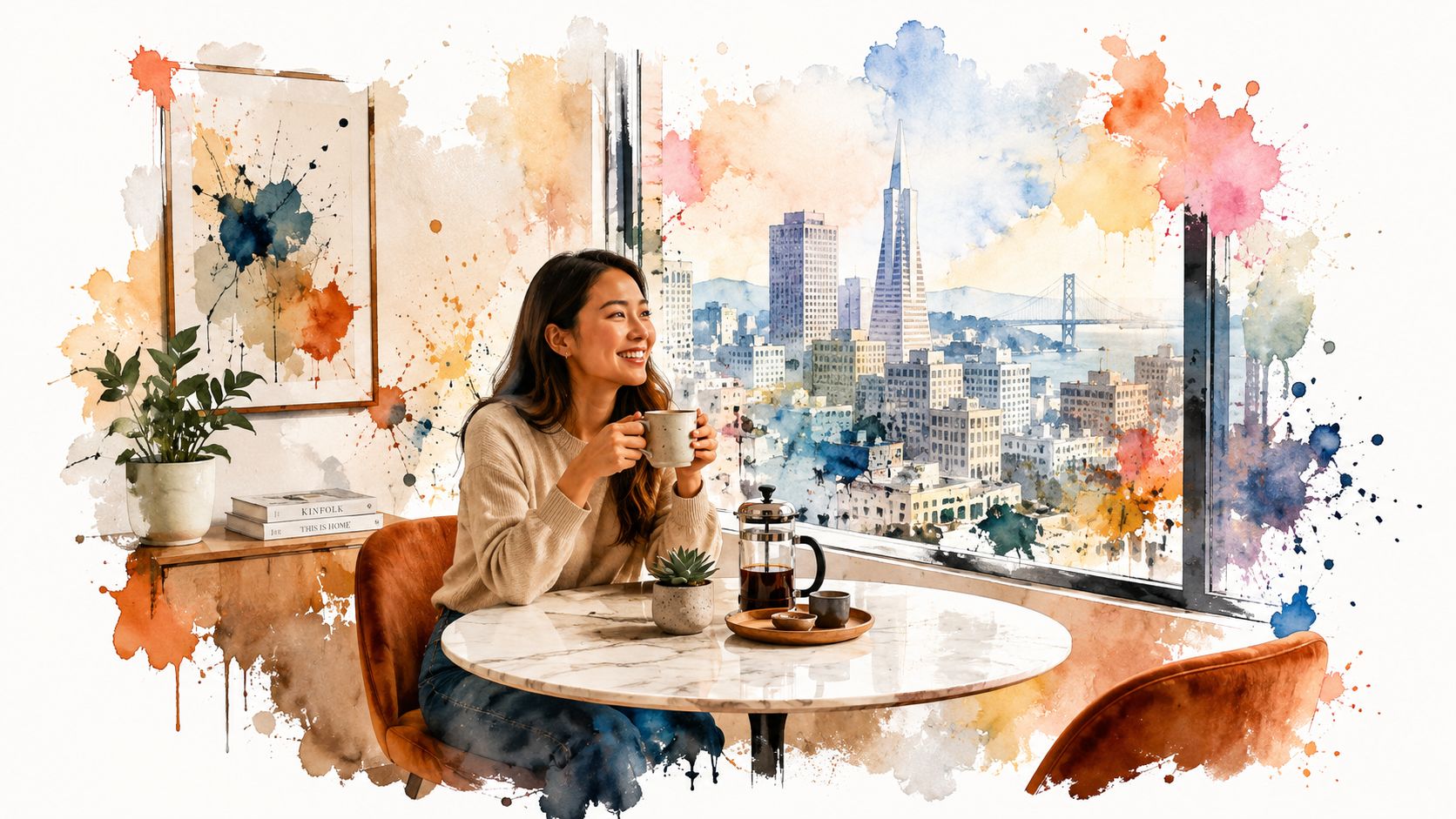 A smiling woman enjoys a hot beverage at a marble table overlooking a city skyline view.
