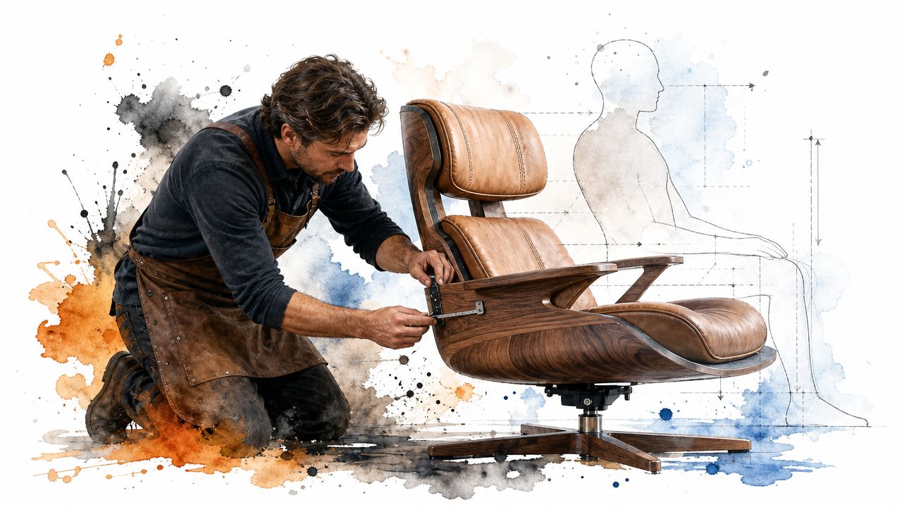 A craftsman working on the ergonomic design of a brown leather and wood lounge chair with sketches.