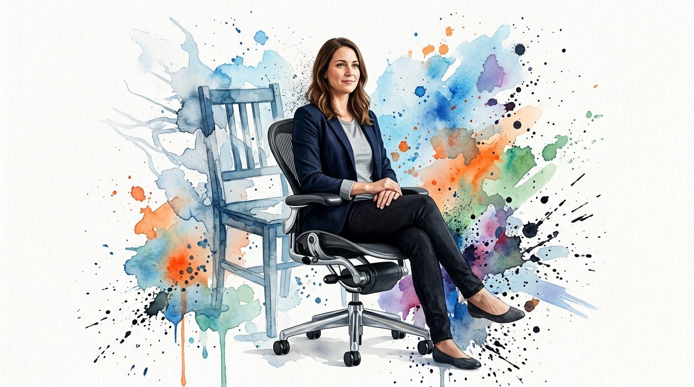 A professional woman sitting in a modern ergonomic office chair with abstract watercolor splashes in the background.