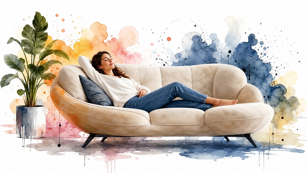 A woman relaxing on a comfortable beige ergonomic sofa next to a vibrant indoor plant.