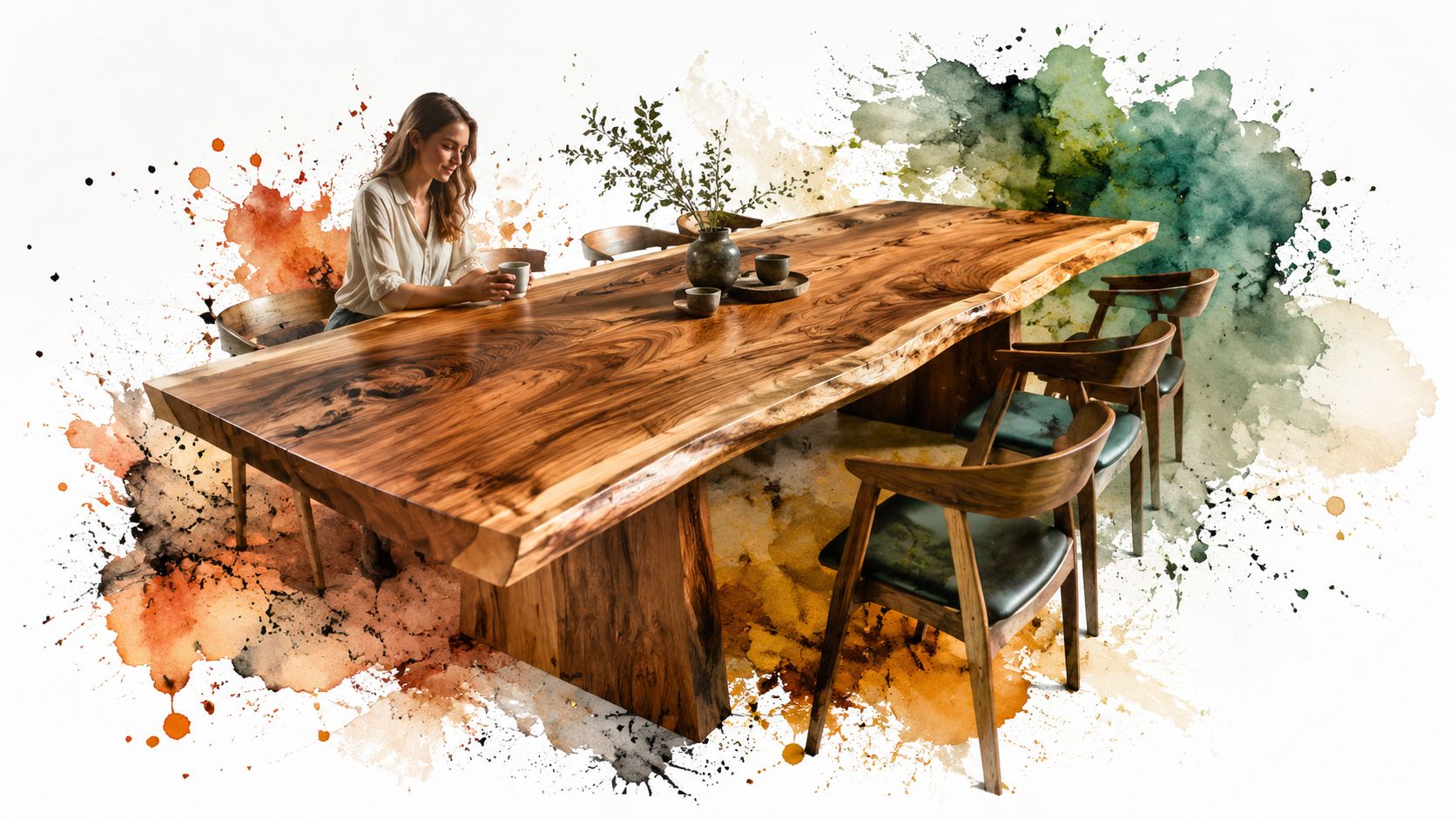 A woman sits at a large, live-edge solid wood dining table in a brightly lit artistic room.