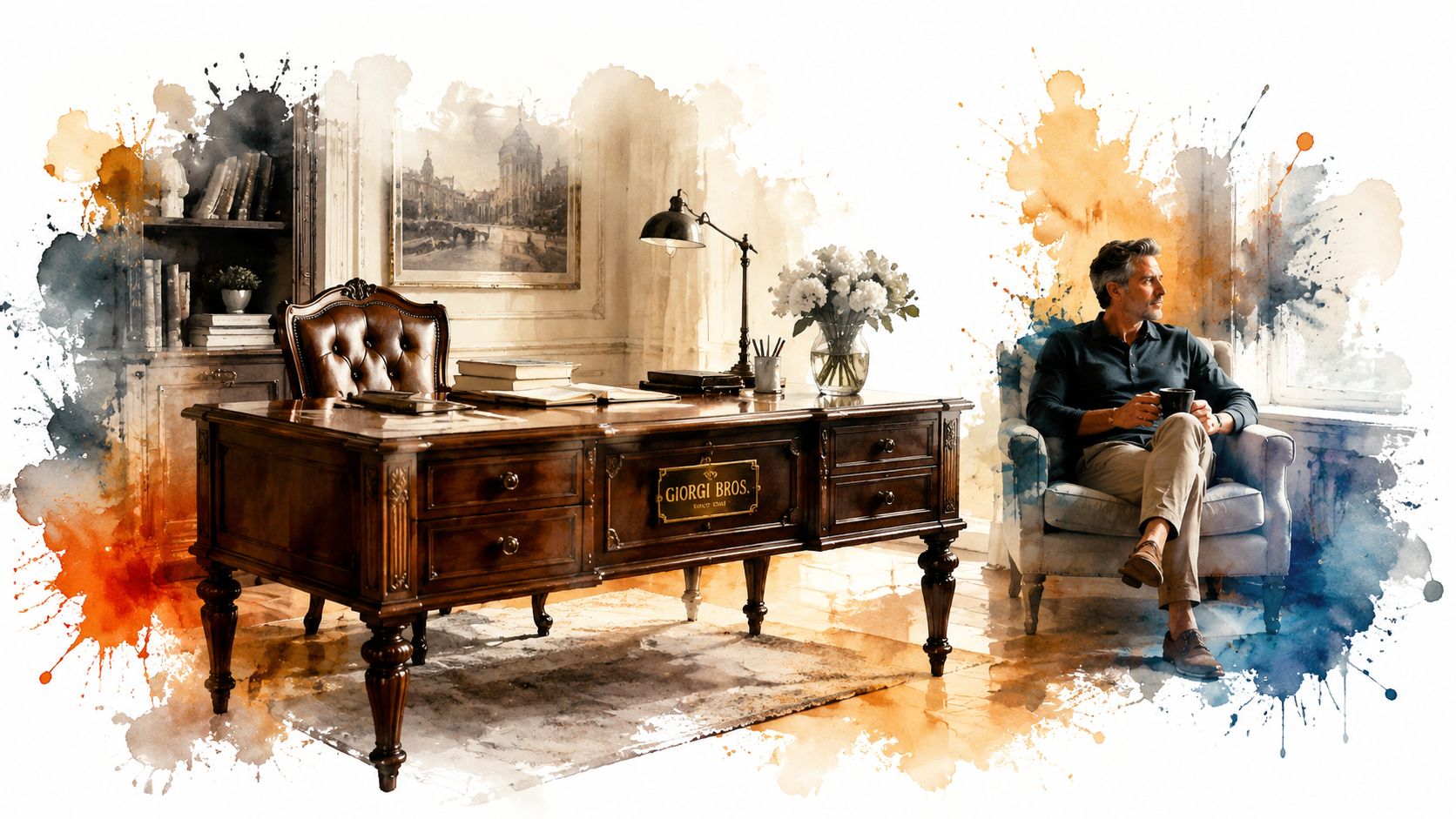 A sophisticated home office featuring a classic dark solid wood executive desk and a man relaxing nearby.