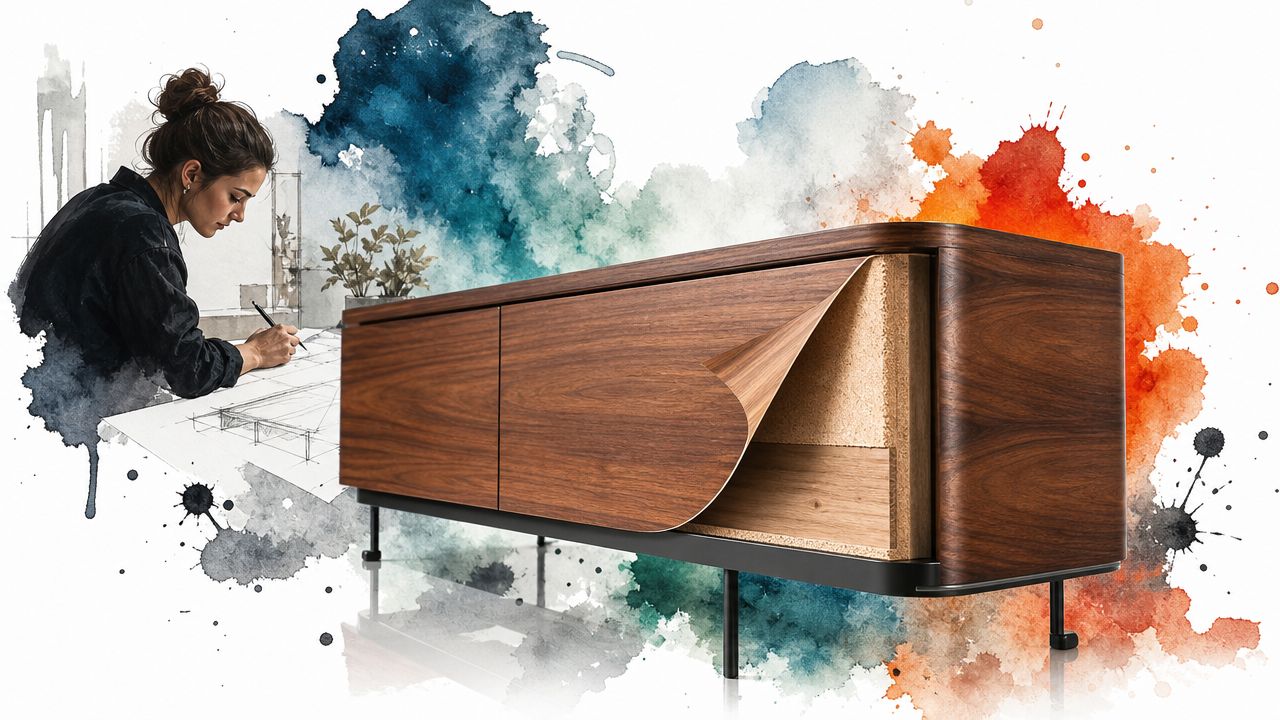 A professional designer sketching while displaying a wooden sideboard showing veneer versus solid wood material construction.