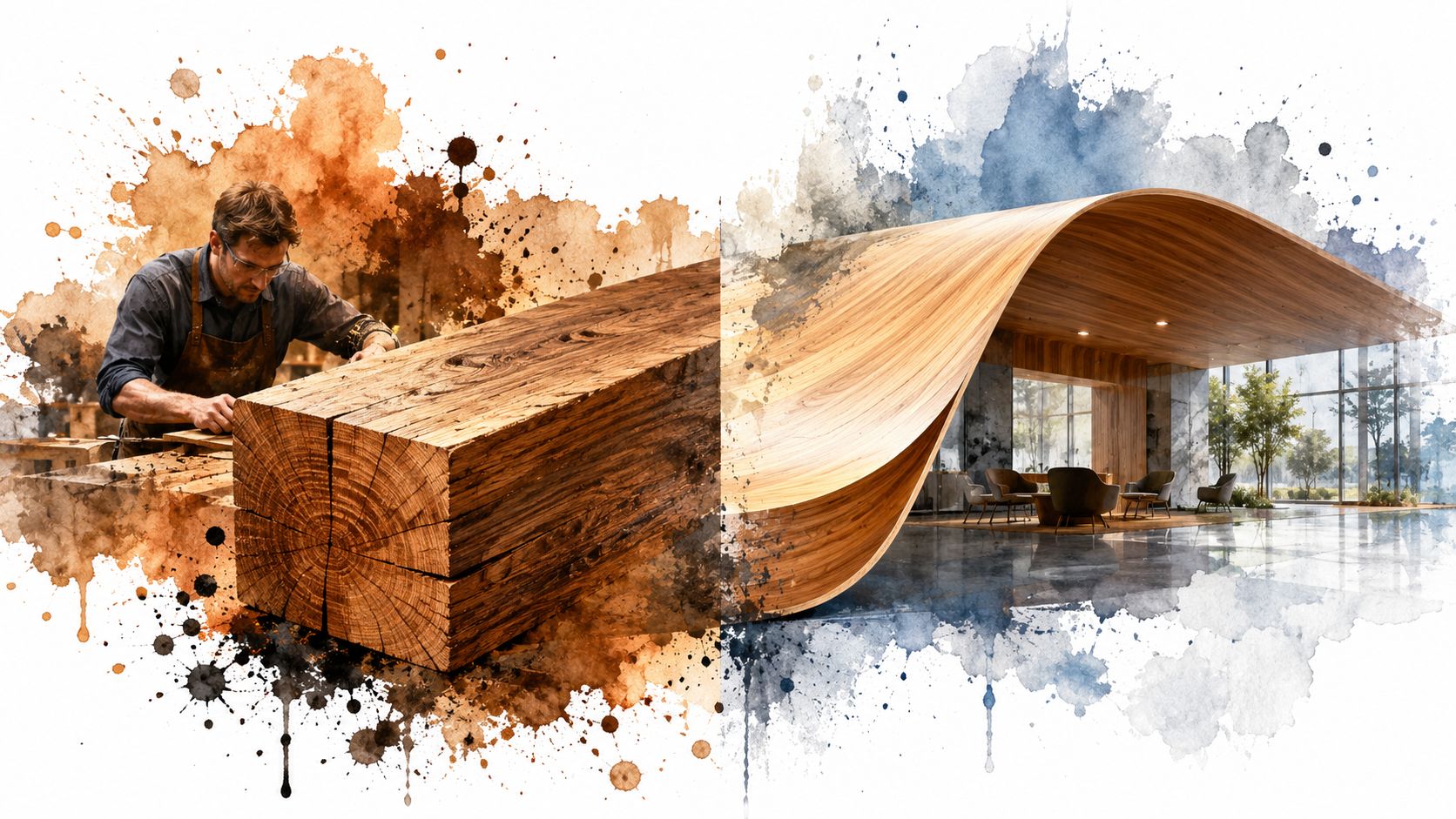 A split image showing a craftsman carving a solid wood block versus a modern interior with curved veneer.
