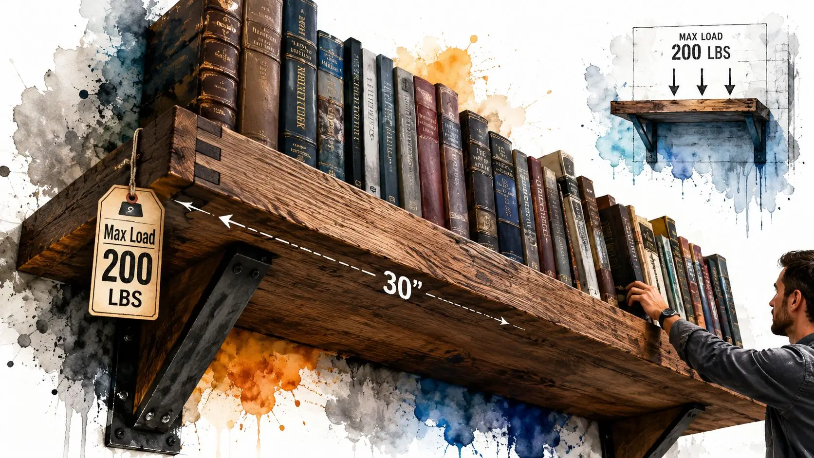 A man touching books on a rustic thirty inch wooden shelf with metal brackets and weight ratings.