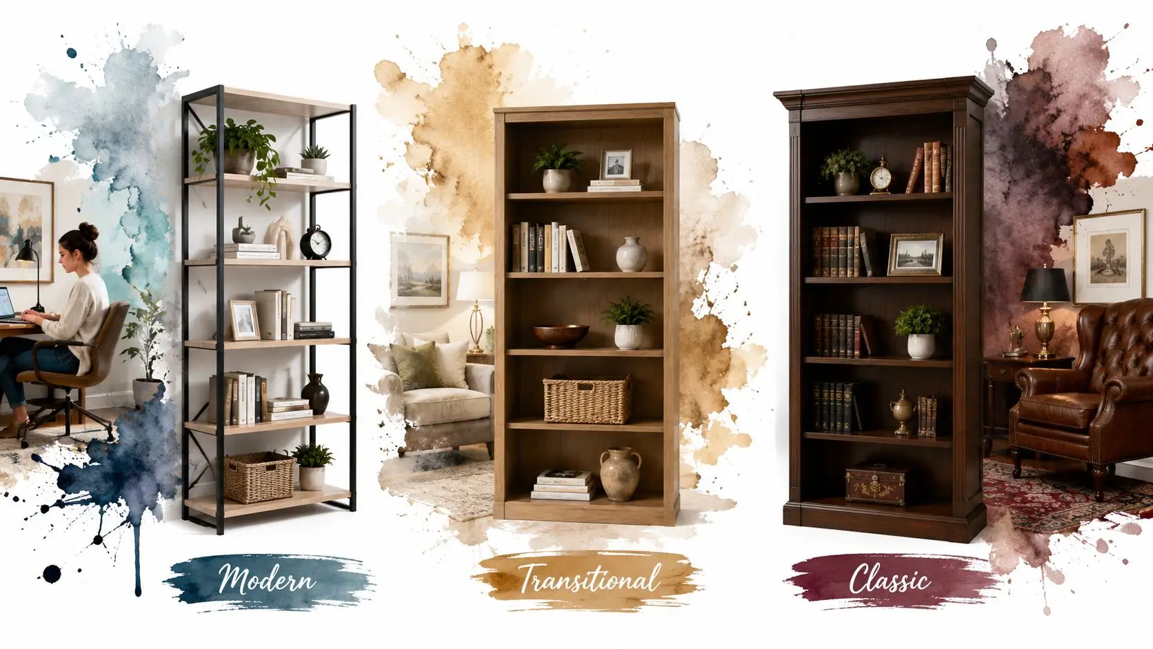 Three distinct 30 inch bookcases showcased in modern, transitional, and classic interior design styles with watercolor accents.