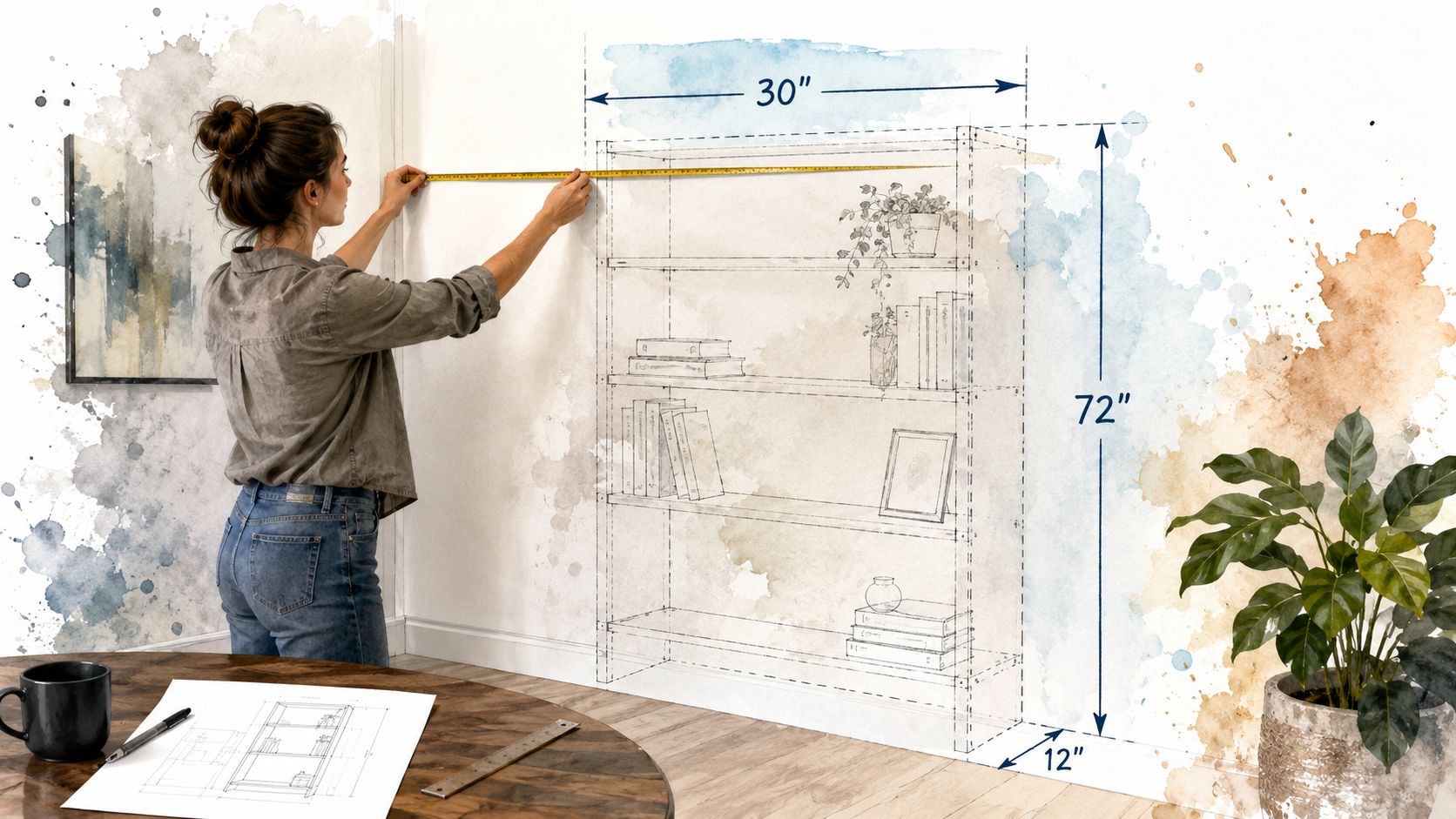 A woman measuring a wall area for a thirty inch bookcase using a yellow tape measure.