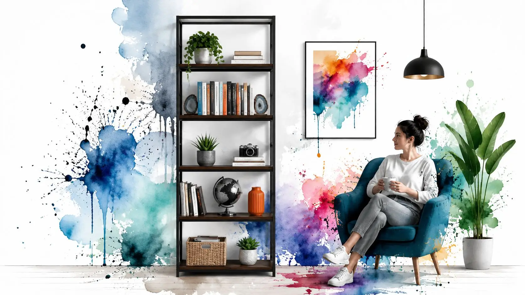 A young woman sitting in a blue armchair beside a tall 30 inch bookcase in a colorful room.