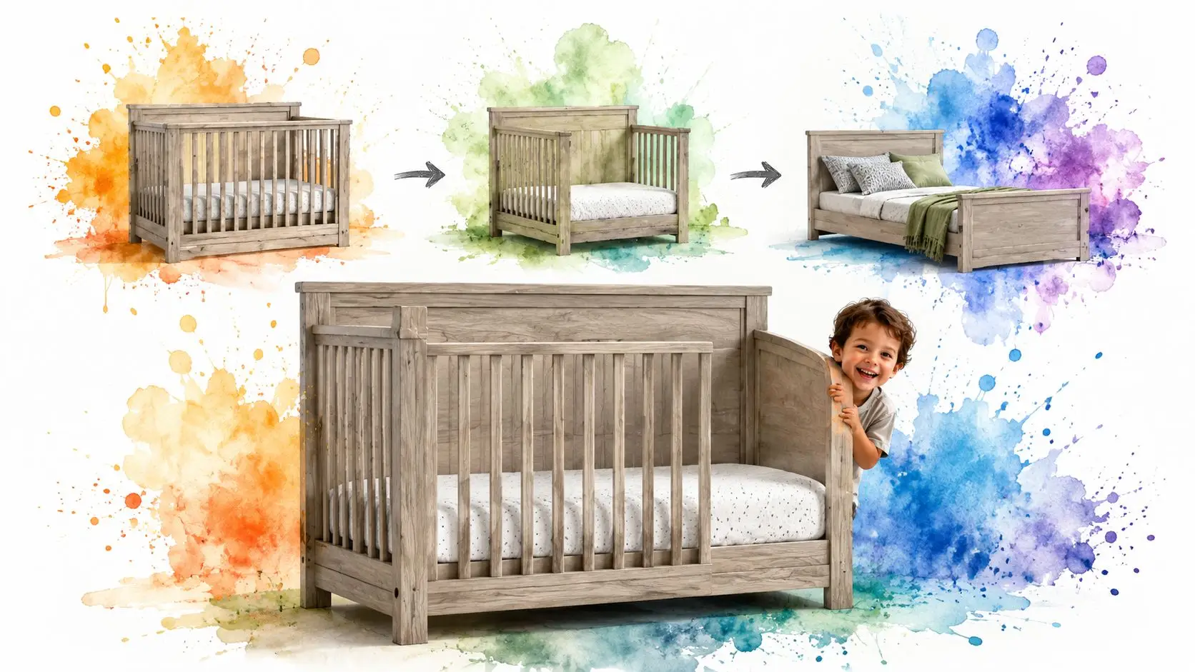A convertible wooden crib for toddlers that transitions into a bed, featuring a happy child playing nearby.