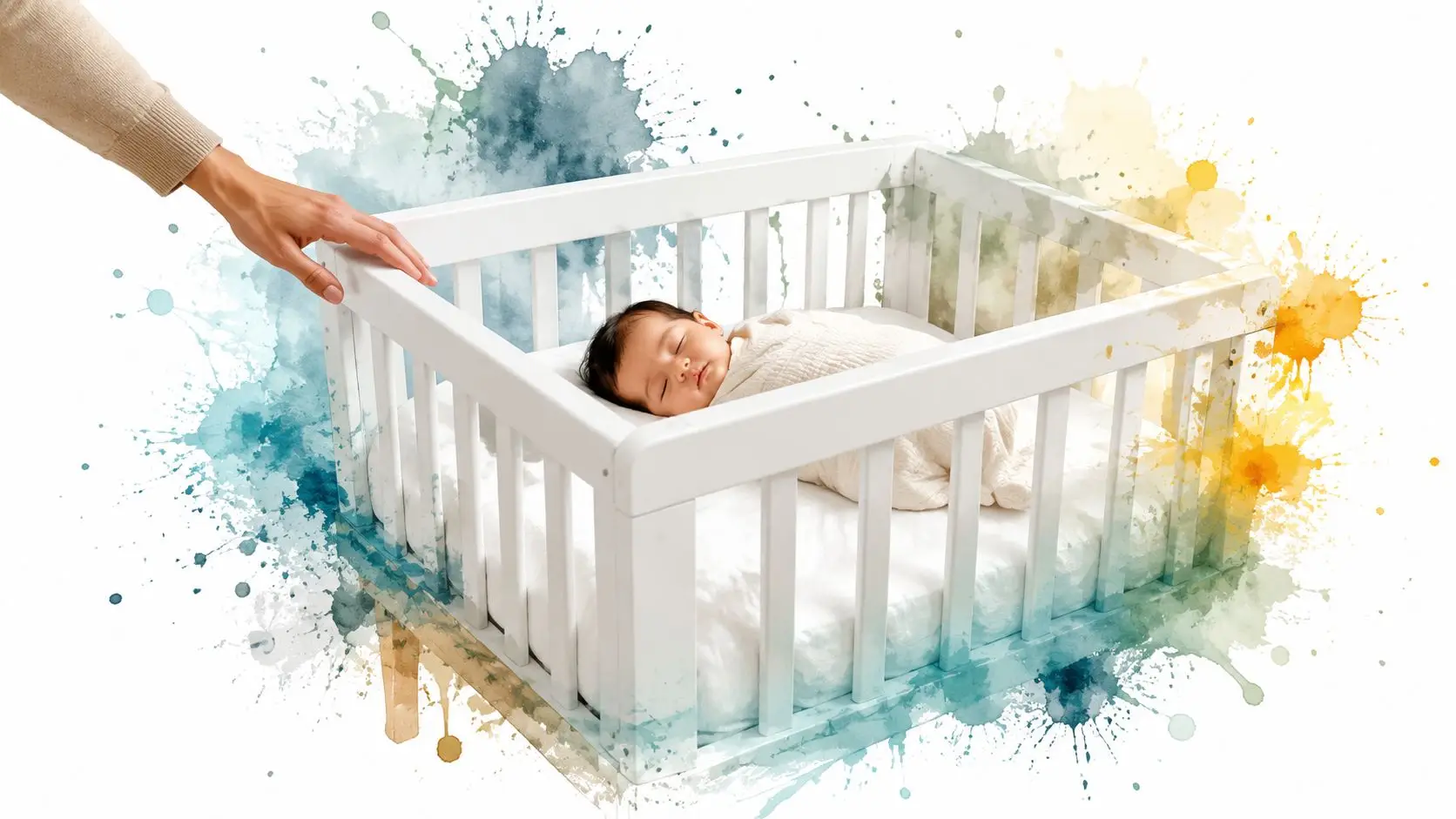 A sleeping newborn baby in a white crib with a hand touching the railing, artistic watercolor splashes.