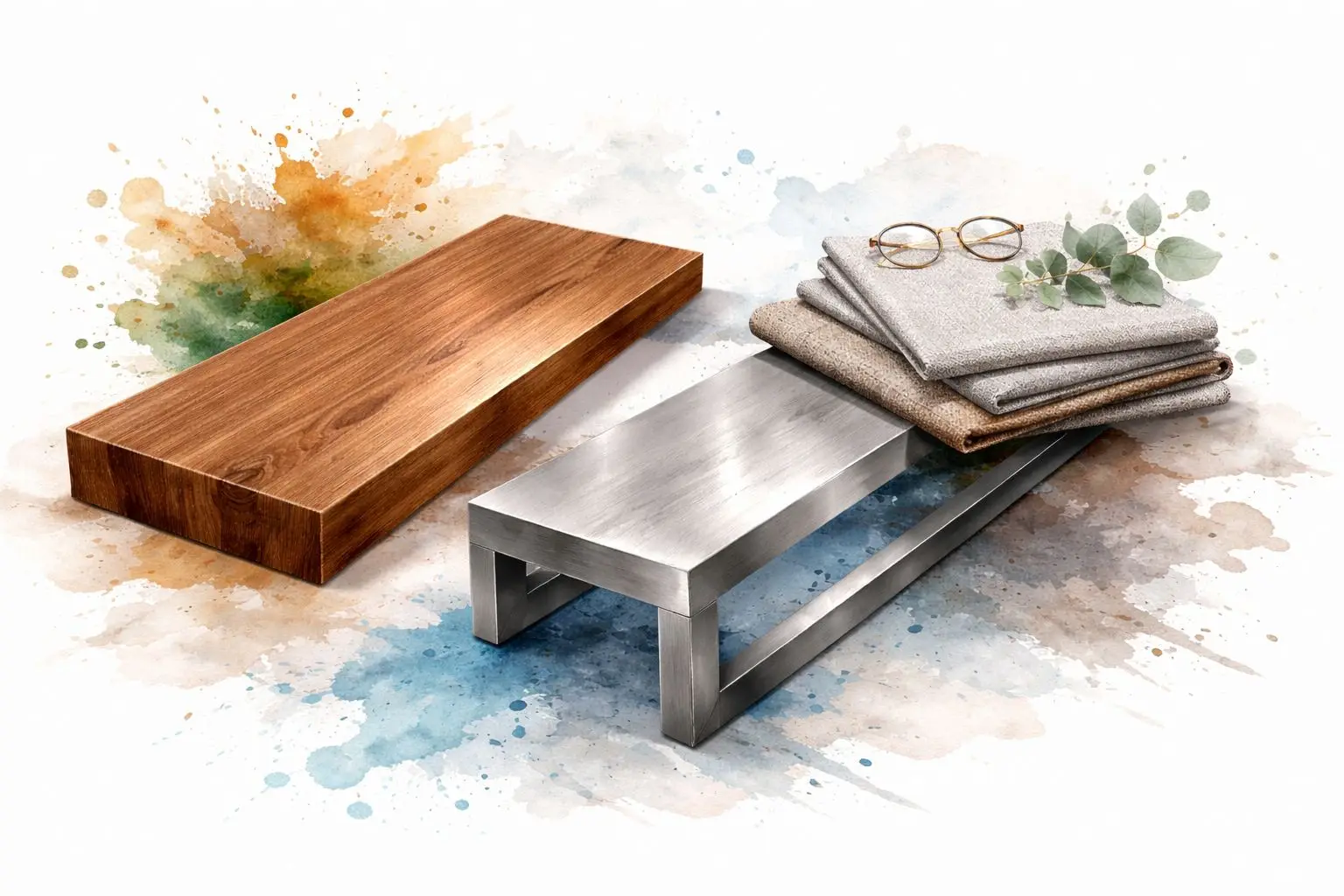 A wooden shelf and a metal bench with a stack of folded fabrics and glasses on top.