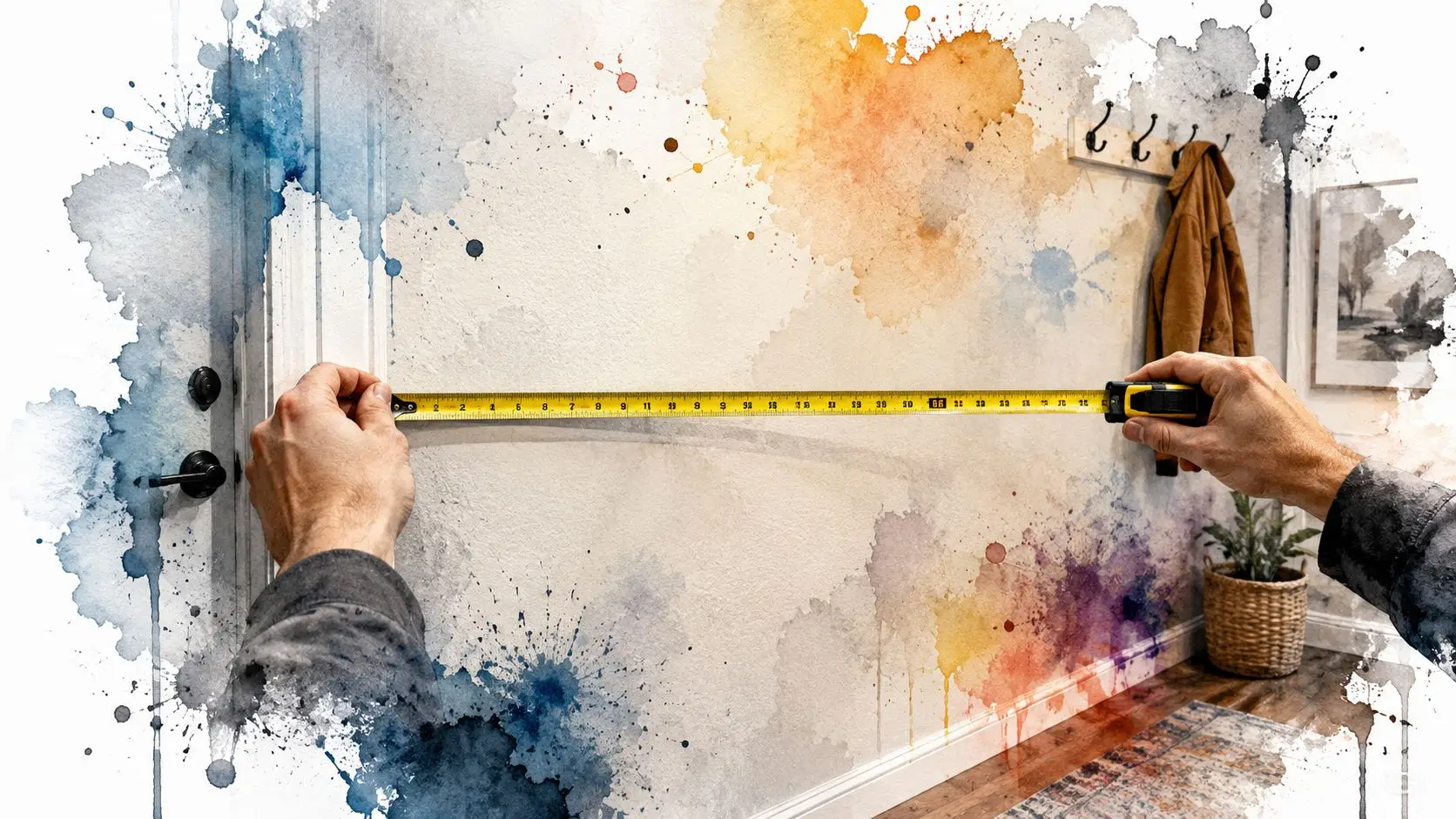 A person using a yellow tape measure to measure the width of a wall in an entryway.