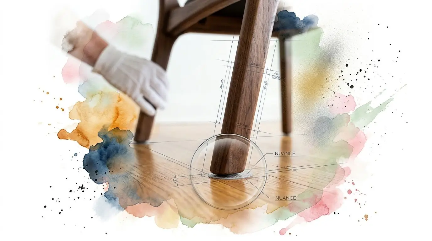 A gloved hand adjusting a wooden chair leg with a felt protector on a hardwood floor.