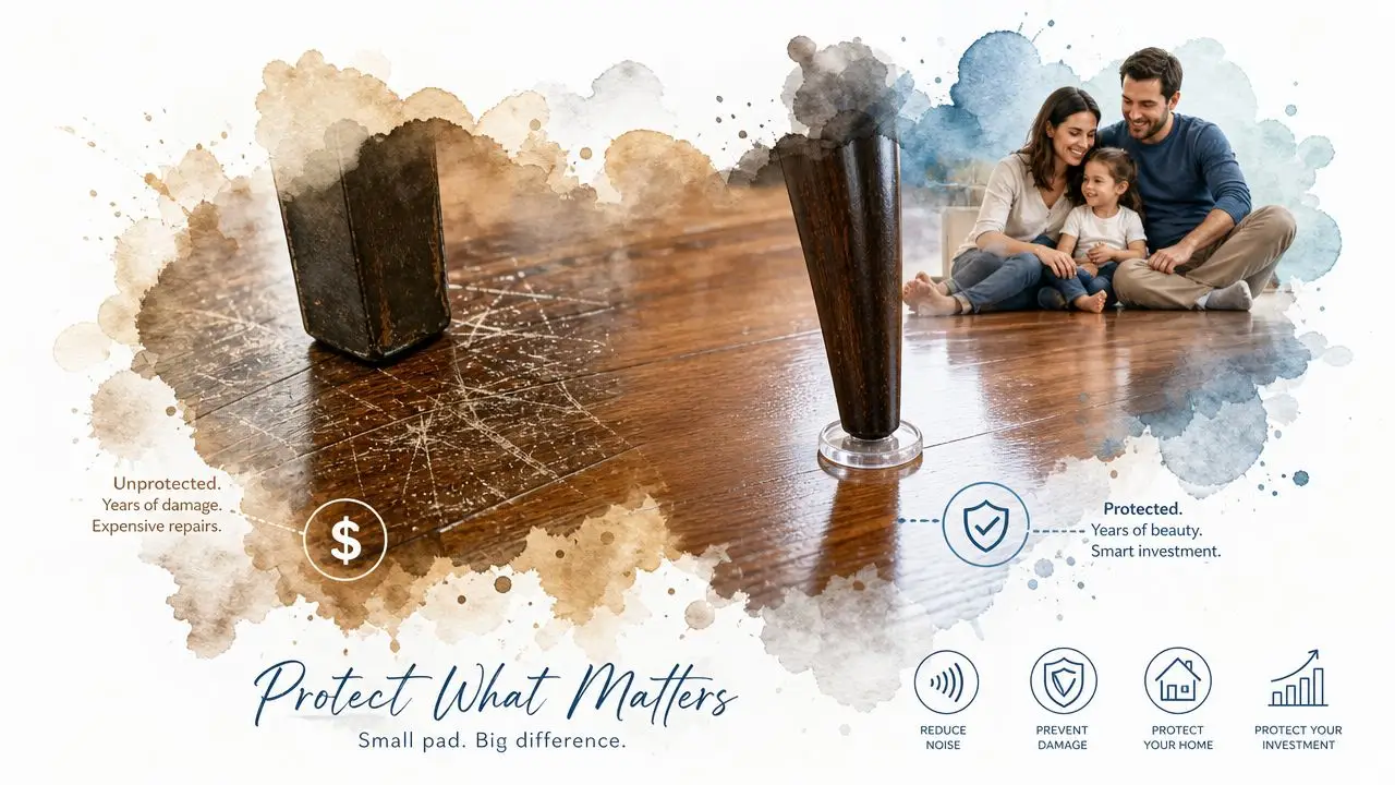 A split image comparing scratched wooden floors without protection to smooth floors protected by furniture pads.
