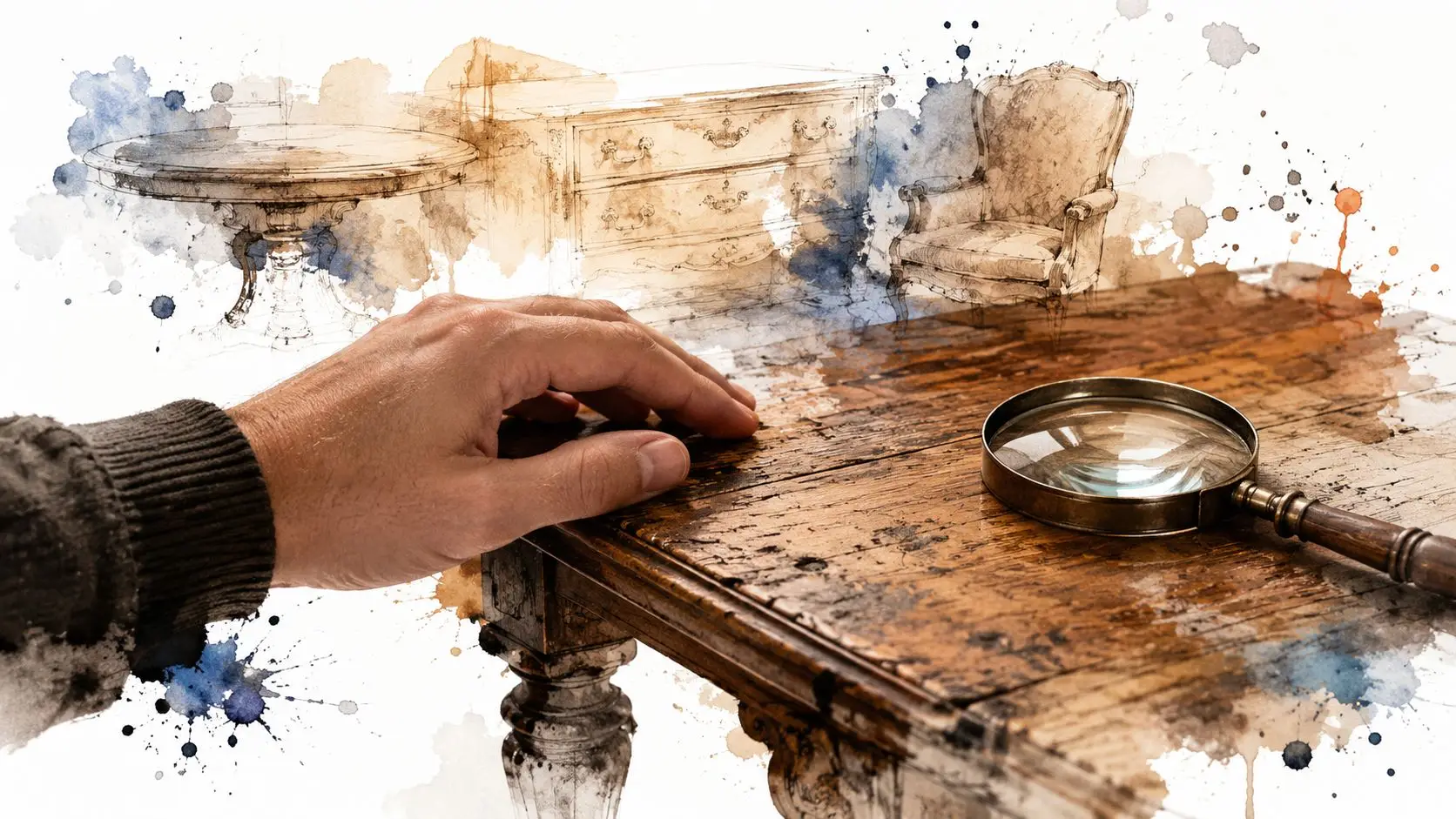 A hand rests on a wooden table near a magnifying glass with artistic furniture sketches in background.