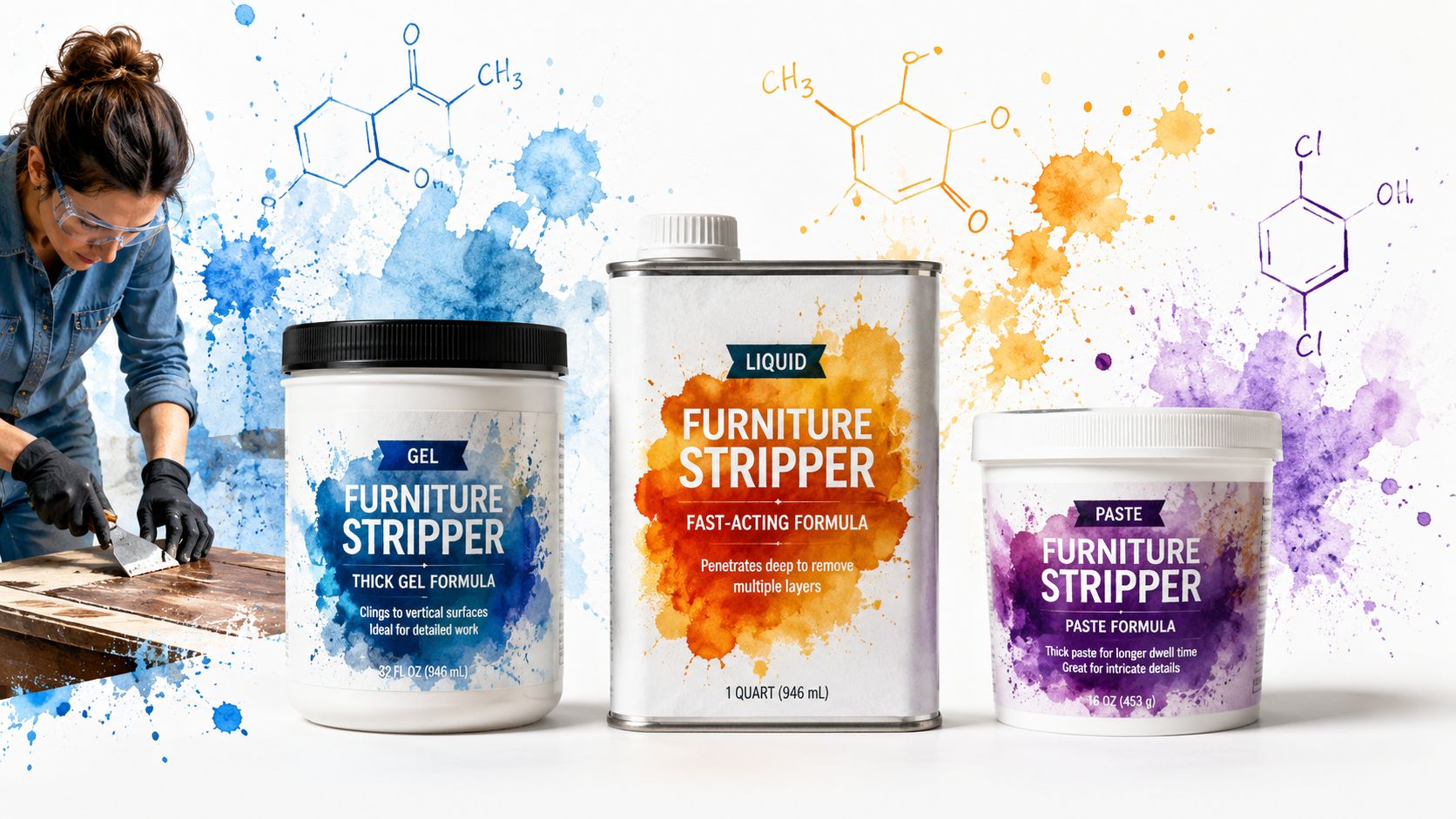 A person using a scraper on wood next to three containers of various furniture stripper products.
