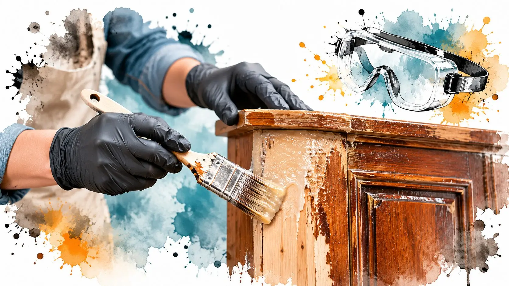 A person wearing protective gloves applying chemical stripper to a wooden furniture piece, with safety goggles illustrated nearby.