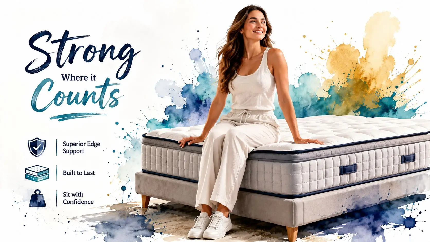 A smiling woman sits comfortably on the edge of a sturdy mattress promoting edge support features.
