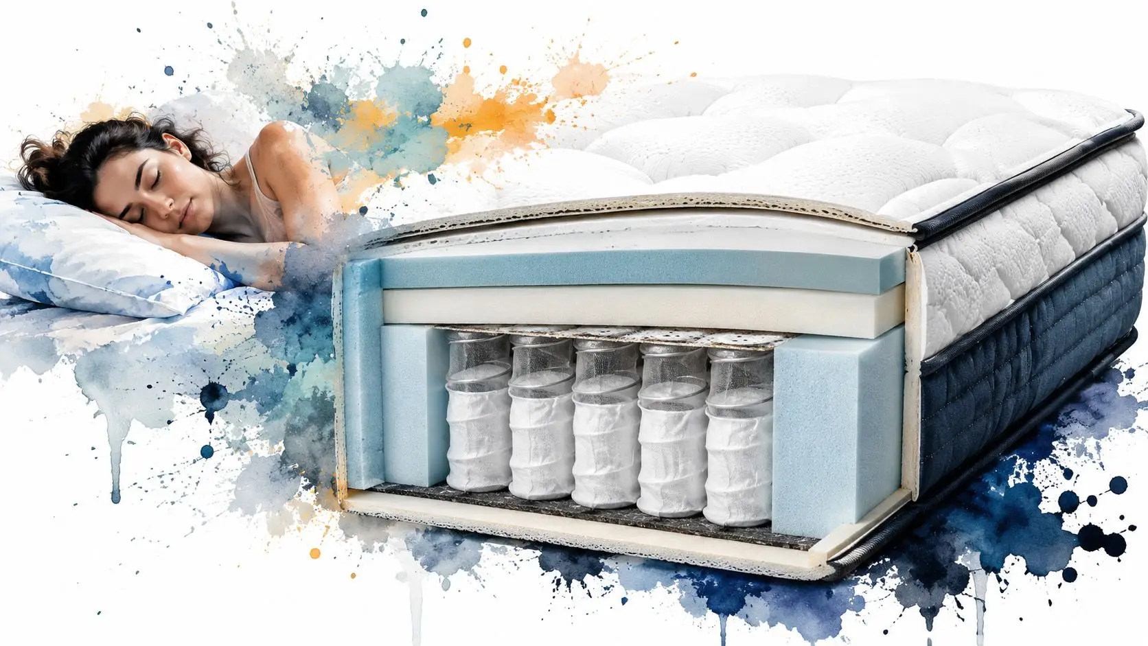 A cross-section of a hybrid mattress highlighting internal coil support layers next to a sleeping woman.