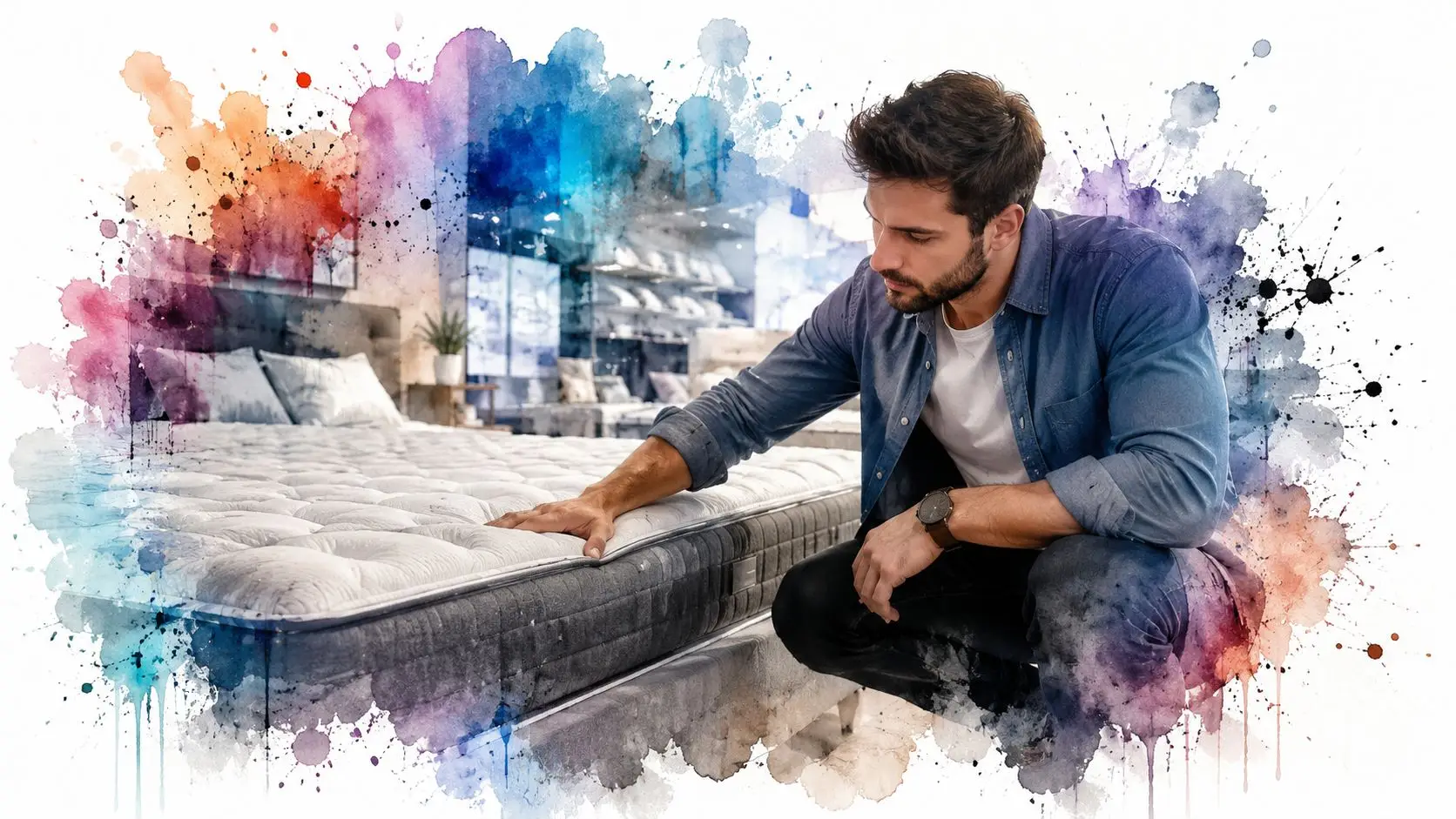 A man wearing a blue shirt checks the edge support of a mattress in a store.