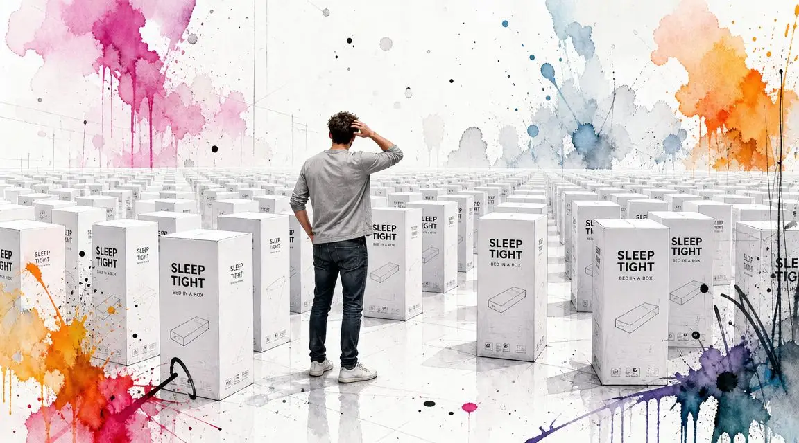 A man standing in a vast, artistic field of boxed mattresses, pondering which bed to choose.