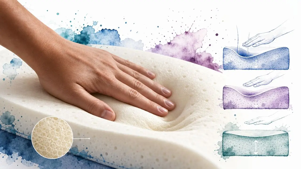 A hand presses down on a white memory foam pillow demonstrating its slow recovery and porous structure.