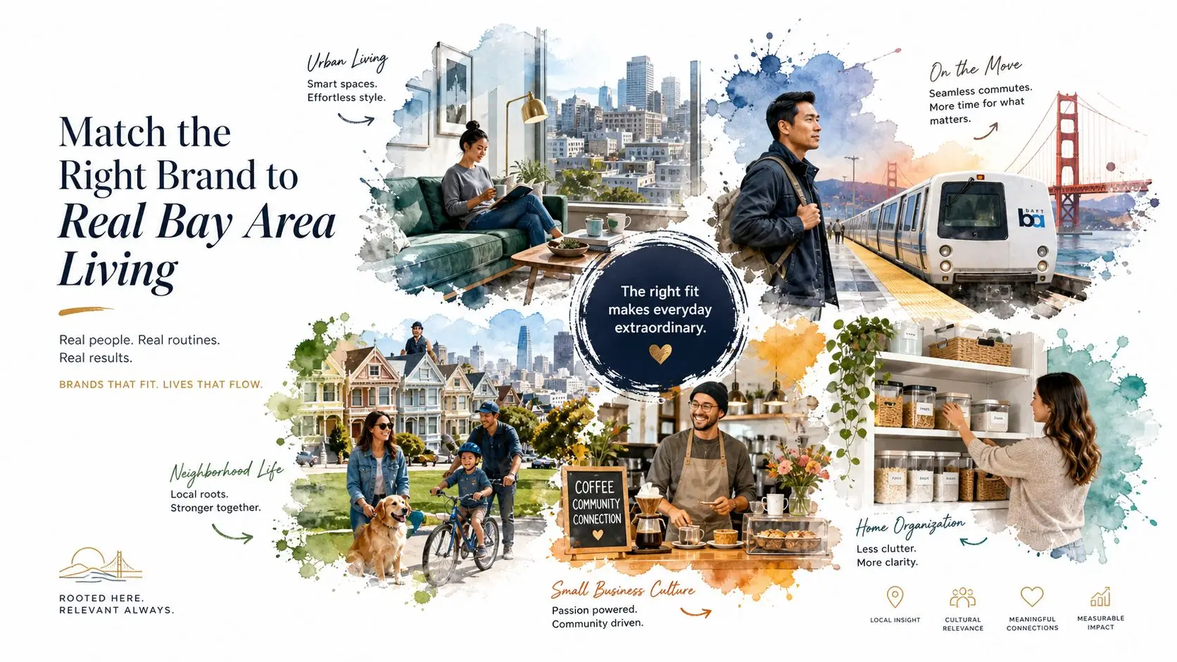 A collage showing various scenes of San Francisco lifestyle including urban living, commuting, local neighborhoods, and home organization.