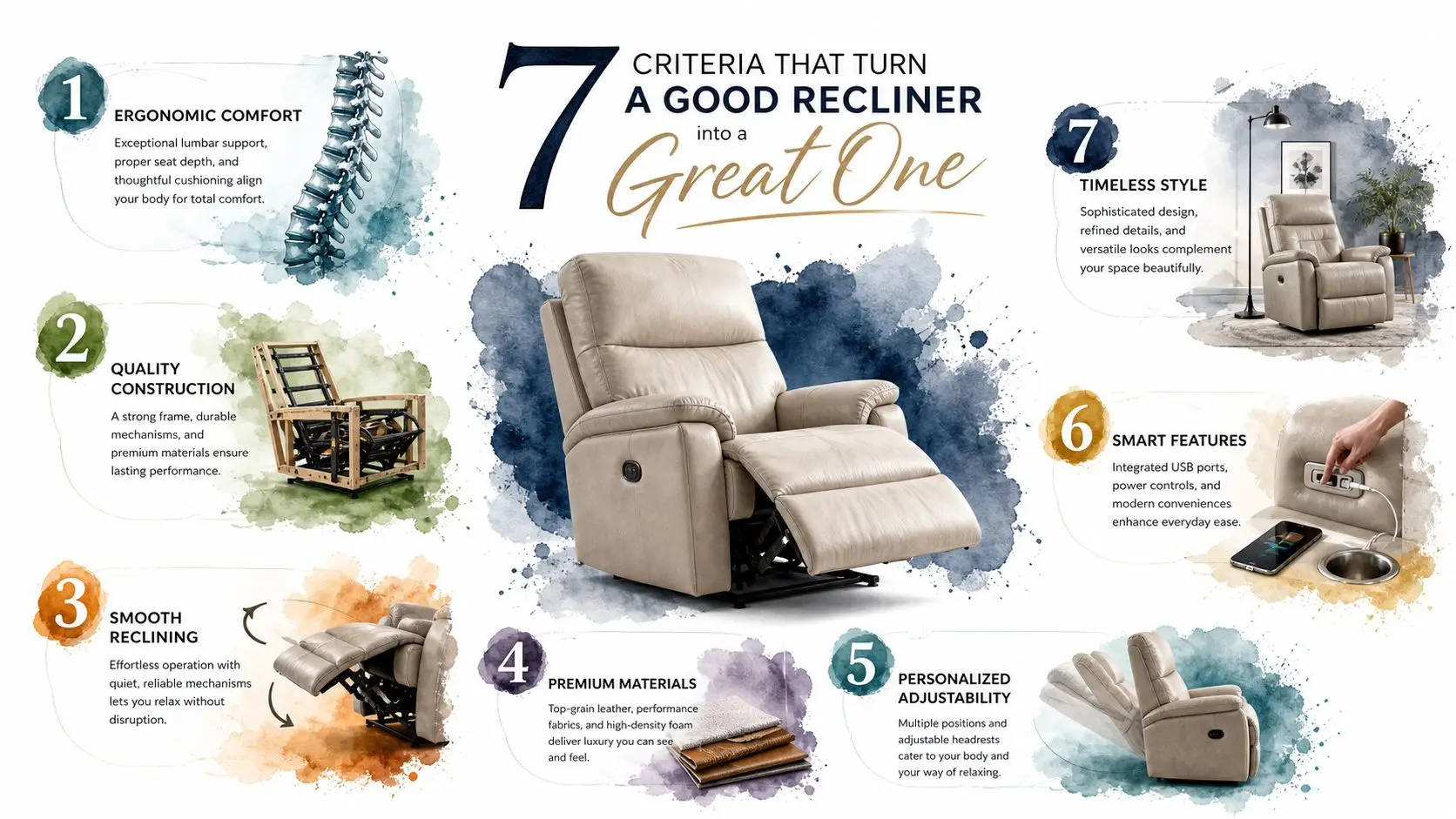 An infographic detailing seven essential criteria to consider when selecting a high-quality recliner for your home.