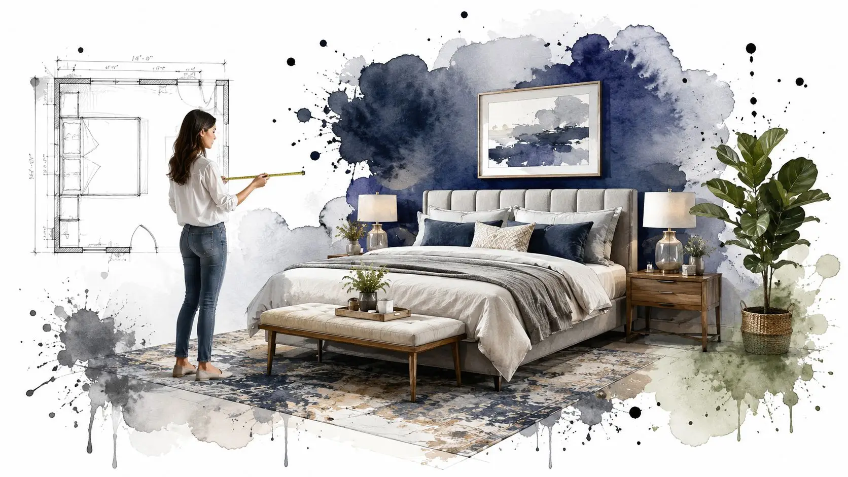 A woman measuring a bedroom with a design sketch overlay, featuring a large bed and decor.