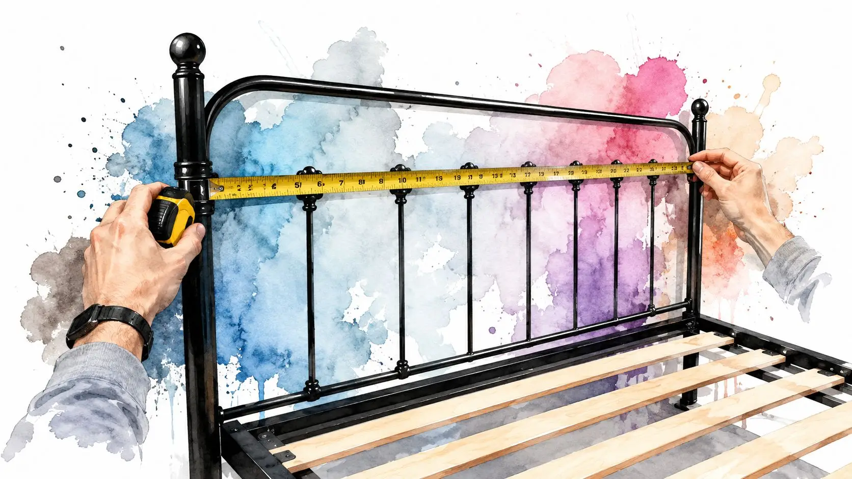 A pair of hands using a measuring tape to determine the width of a black metal bed frame.