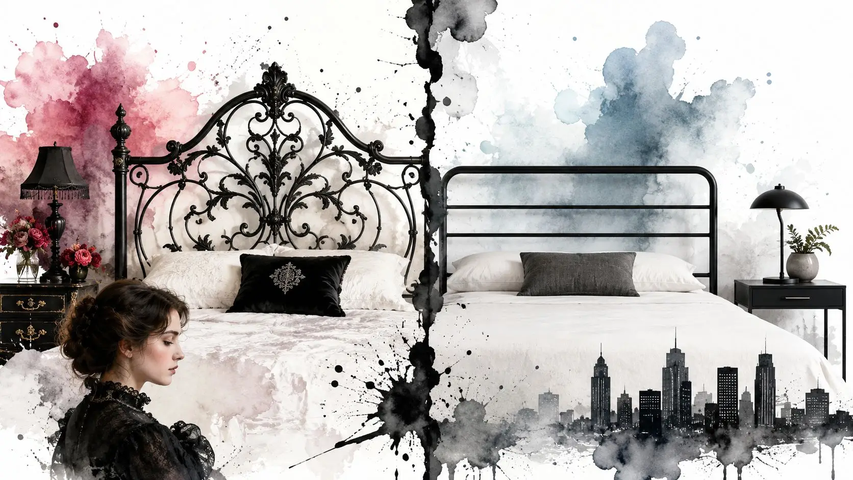 A split composition featuring a vintage ornate bed on the left and a modern metal headboard on the right.