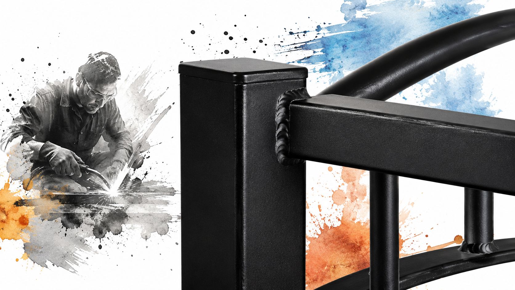 A professional welder working on a black metal headboard with artistic watercolor splashes in the background.