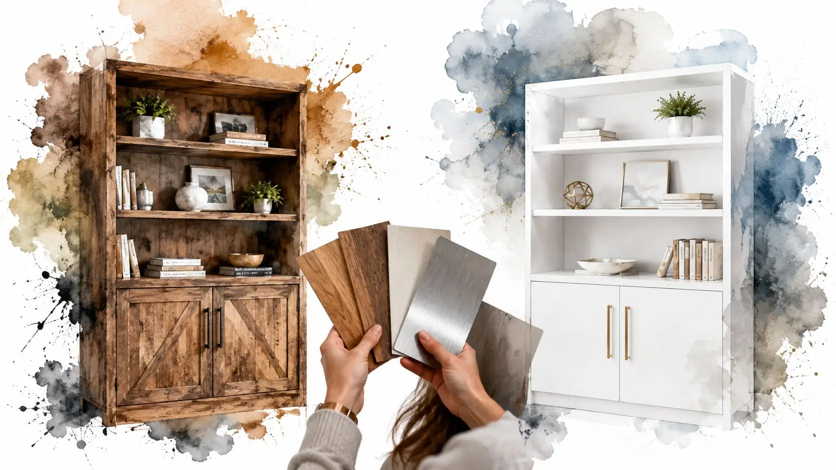 A person holding various material samples in front of rustic wooden and modern white bookshelves with doors.
