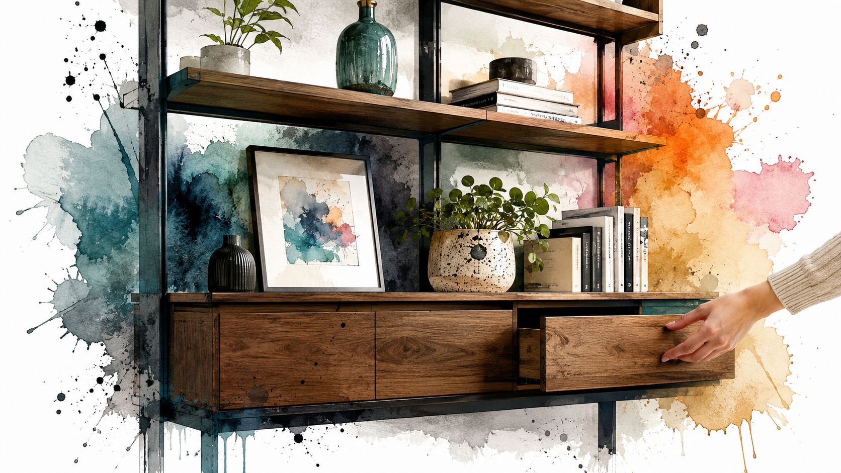 A hand opens a drawer on a modern wooden bookshelf decorated with books, plants, and art.