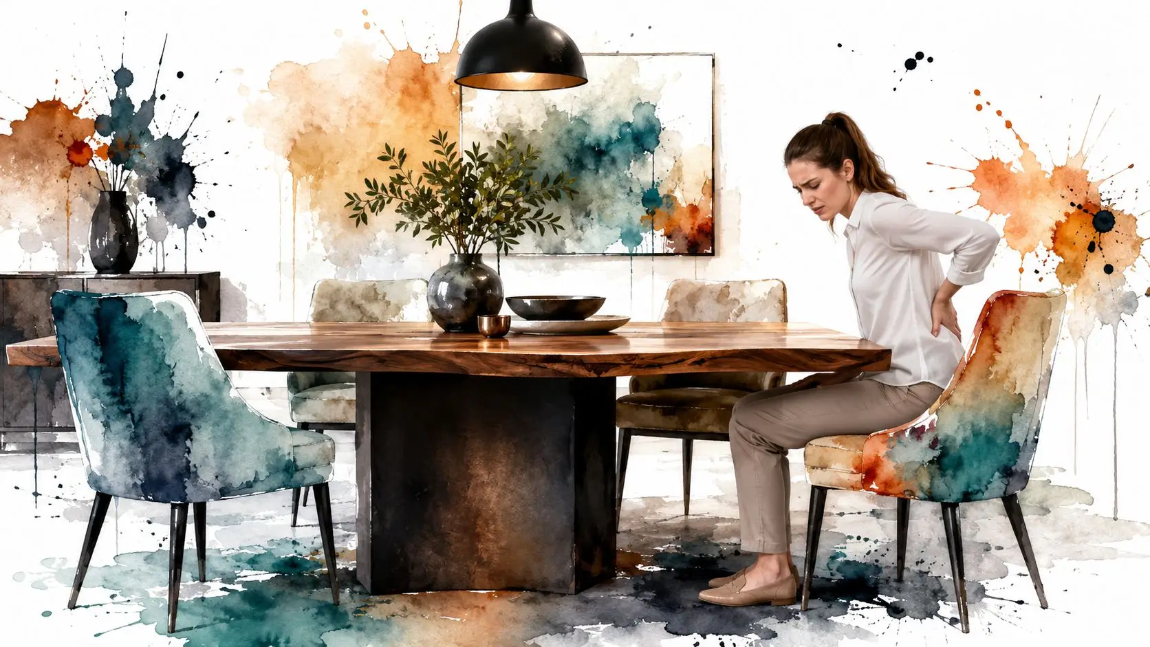 A woman experiencing back pain while seated at a modern wooden dining table with colorful chairs.